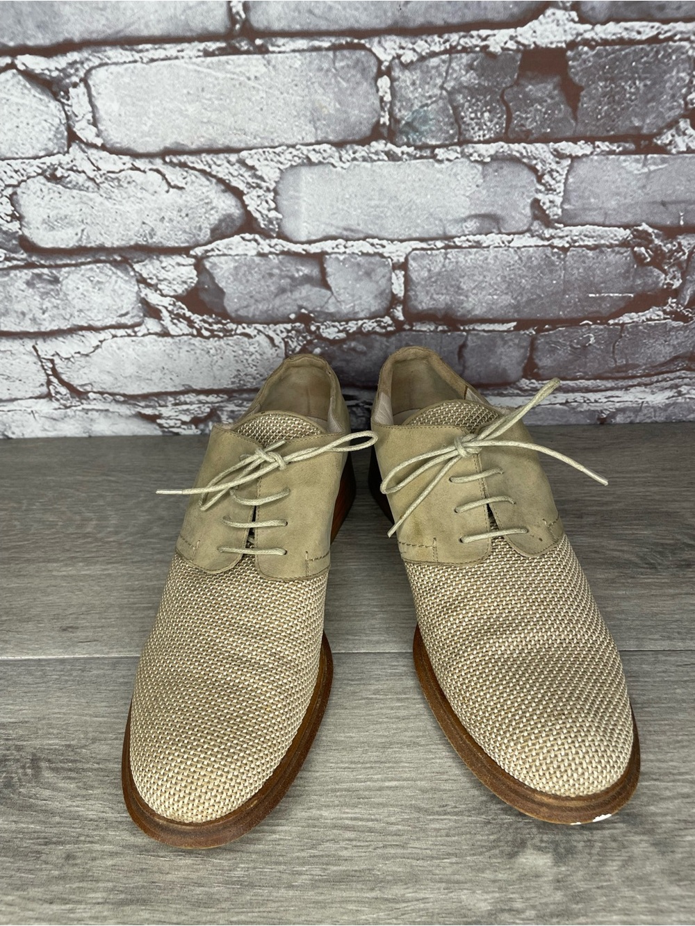 Via Spiga Beige Tweed Suede Woven Vamp Lace Oxfords Shoes Women Sz 8.5M US/39EU